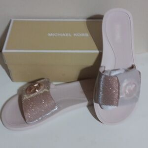 MICHAEL KORS MK CHARM, GLITTER CHAIN, SLIDE SANDALS, ROSE GOLD, 9M, NEW IN BOX